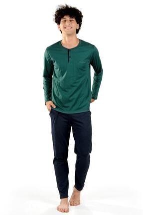 Yeşil Erkek Pijama Takımı Düğmeli Yaka Kışlık Uzun Kollu Pijama 6010 M6010