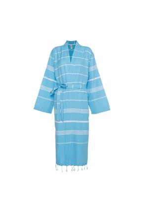 Unisex Turkuaz Pamuk Saçaklı Kimono Peştemal Kumaşından Bornoz LEYLA