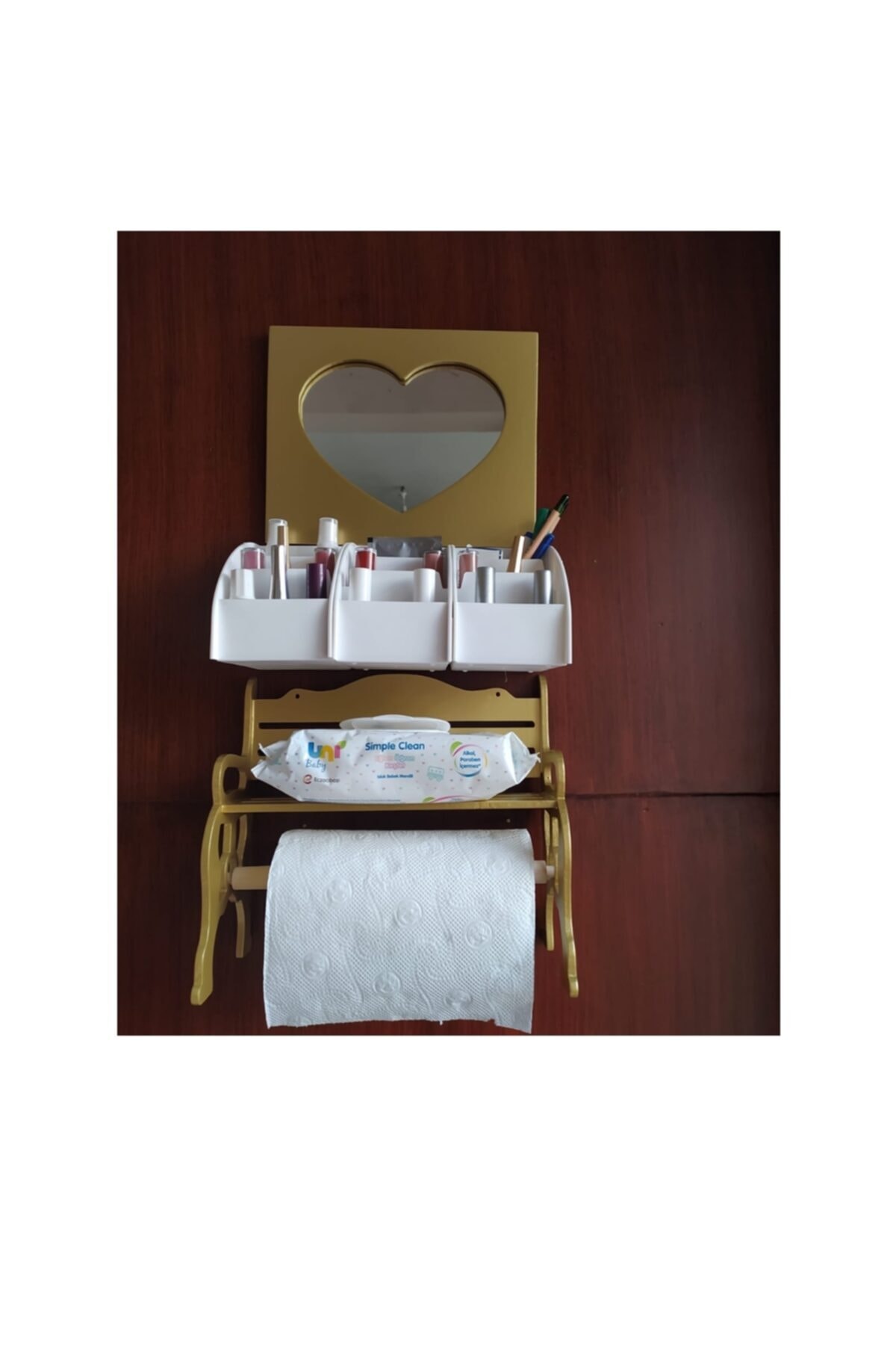 Bahat Varaklı Ahşap Makyaj Aynası Kutusu Yapışkanlı Banyo Seti Kağıt Havluluk Peçetelik