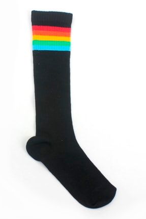 Gökkuşağı Çizgili Pamuklu Diz Altı Çocuk Çorabı Siyah HANE14-7321