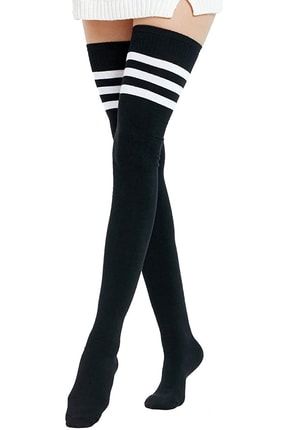 Club Beyaz Çizgili Pamuklu Diz Üstü Çorap Siyah HANE14-1459