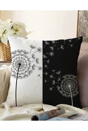 Çift Taraflı Siyah Beyaz Zeminli Çiçek Desenli Dijital Baskılı Modern Raşel Yastık Kırlent Kılıfı Sonil-K-8296