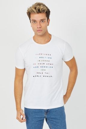 Erkek Beyaz Happiness Kabartma Baskılı Pamuklu Slim Fit Likralı T-shirt - Bt007r05 BT007
