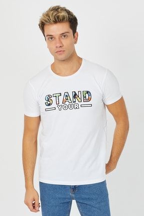 Erkek Beyaz Stand Kabartma Baskılı Pamuklu Slim Fit Likralı T-shirt BT005