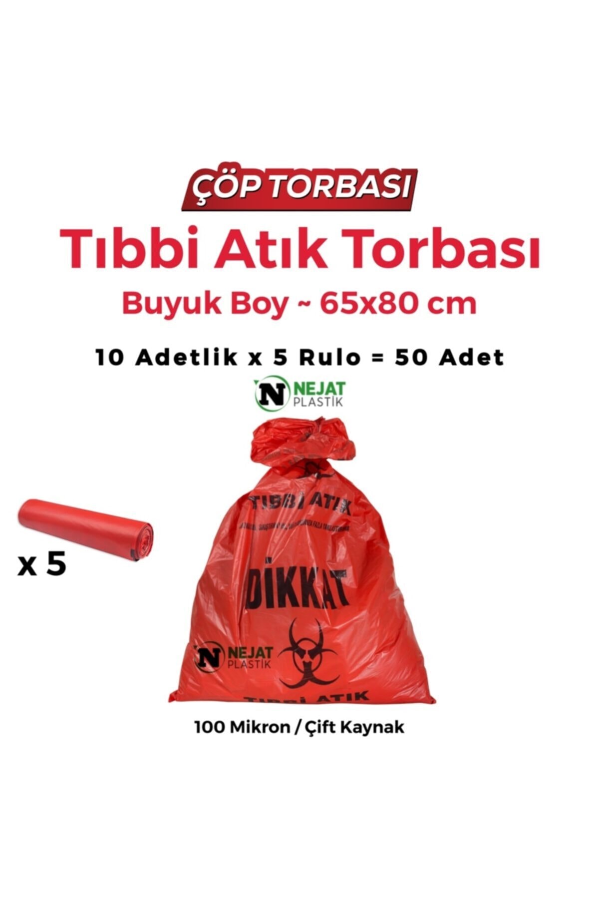 Nejat Plastik Tıbbi Atık Torbası Buyuk Boy 65x80cm / 10x5 Rulo 50 Adet