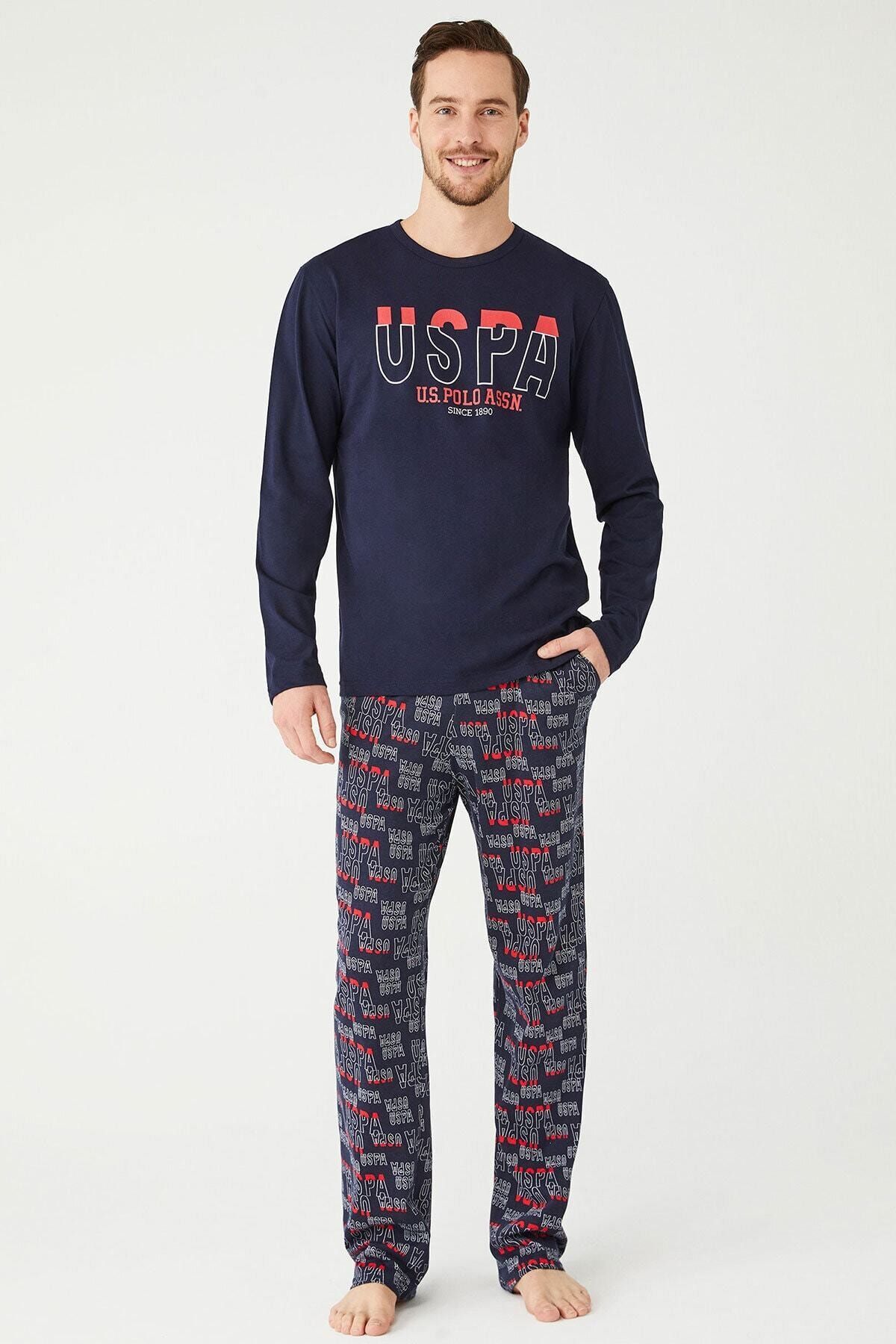 ست پیژامه آبی مردانه لباس خواب یقه گرد سرمه ای U.S. Polo Assn.