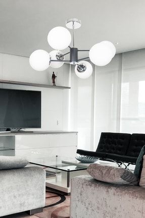 Oscar Modern Lüks Tasarım Siyah Krom Renk Kasa Beyaz Camlı Salon - Mutfak - Yatak Odası 6 Lı Avize OSC6223
