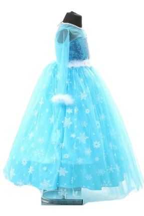 Kız Çocuk Mavi Uzun Kol Simli Tarlatanlı Elsa Kostüm Ve Taç Asa Eldiven DMUZNELS1144