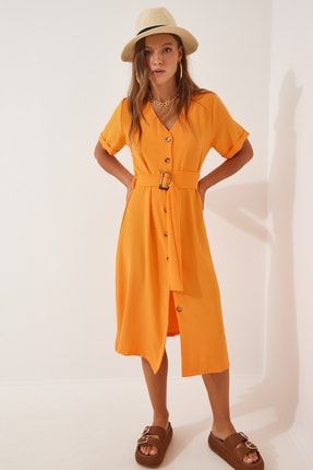Kadın Oranj Kuşak Kemerli Kloş Gömlek Elbise HF00373