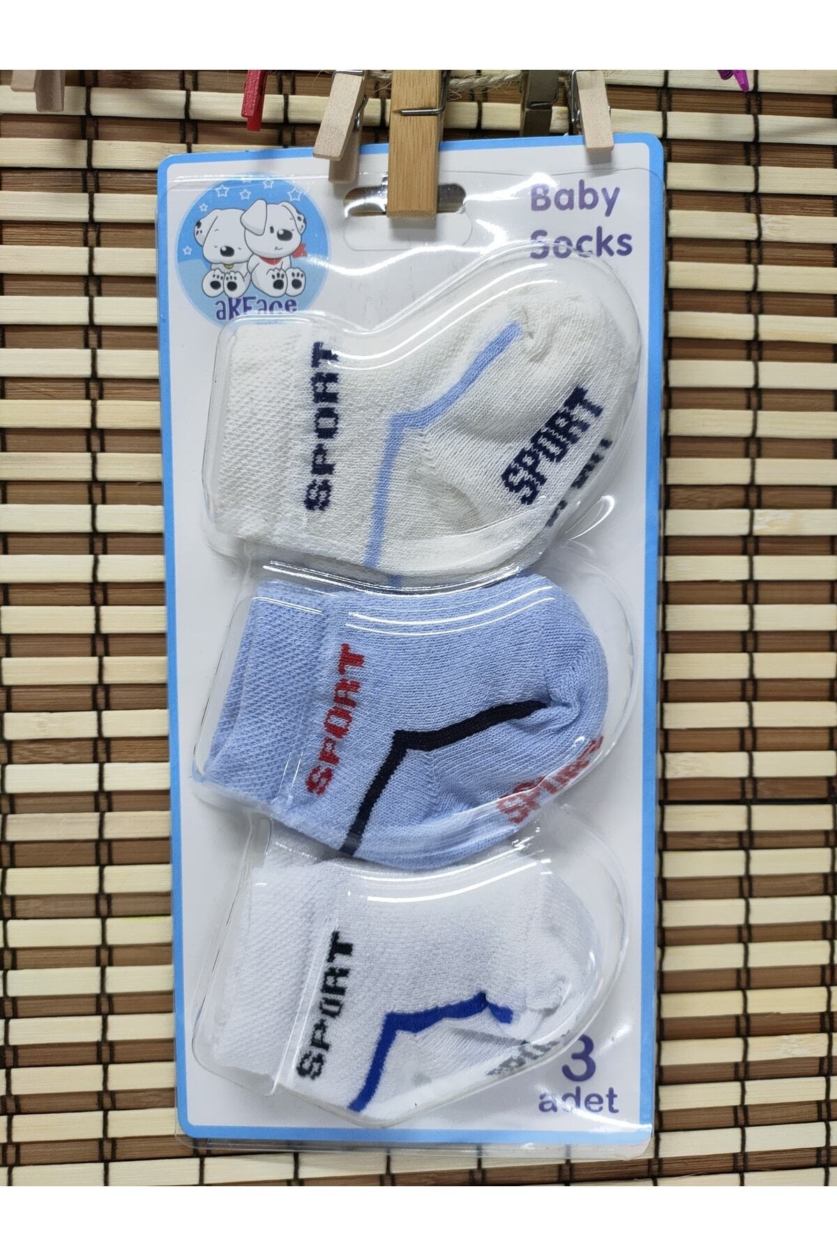 Akface-Sport Patterned 100% Cotton 3-Piece Baby Boy Socks 0-6 Months 1