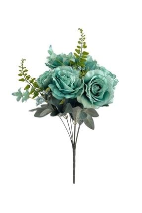 Yapay Çiçek Büyük Demet 6 Kafalı Gül Demeti Ve Cipsolu Turkuaz Mavi BD6GÜL