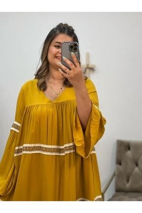 Dantel Şeritli Salaş V Yaka Elbise Hardal Sarı P6201