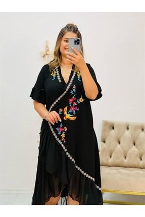 Etegi Tül Nakışlı Bornoz Elbise Siyah P6601