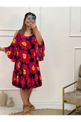 Omuz Dekolteli Salaş Çiçekli Elbise Pembe P7501