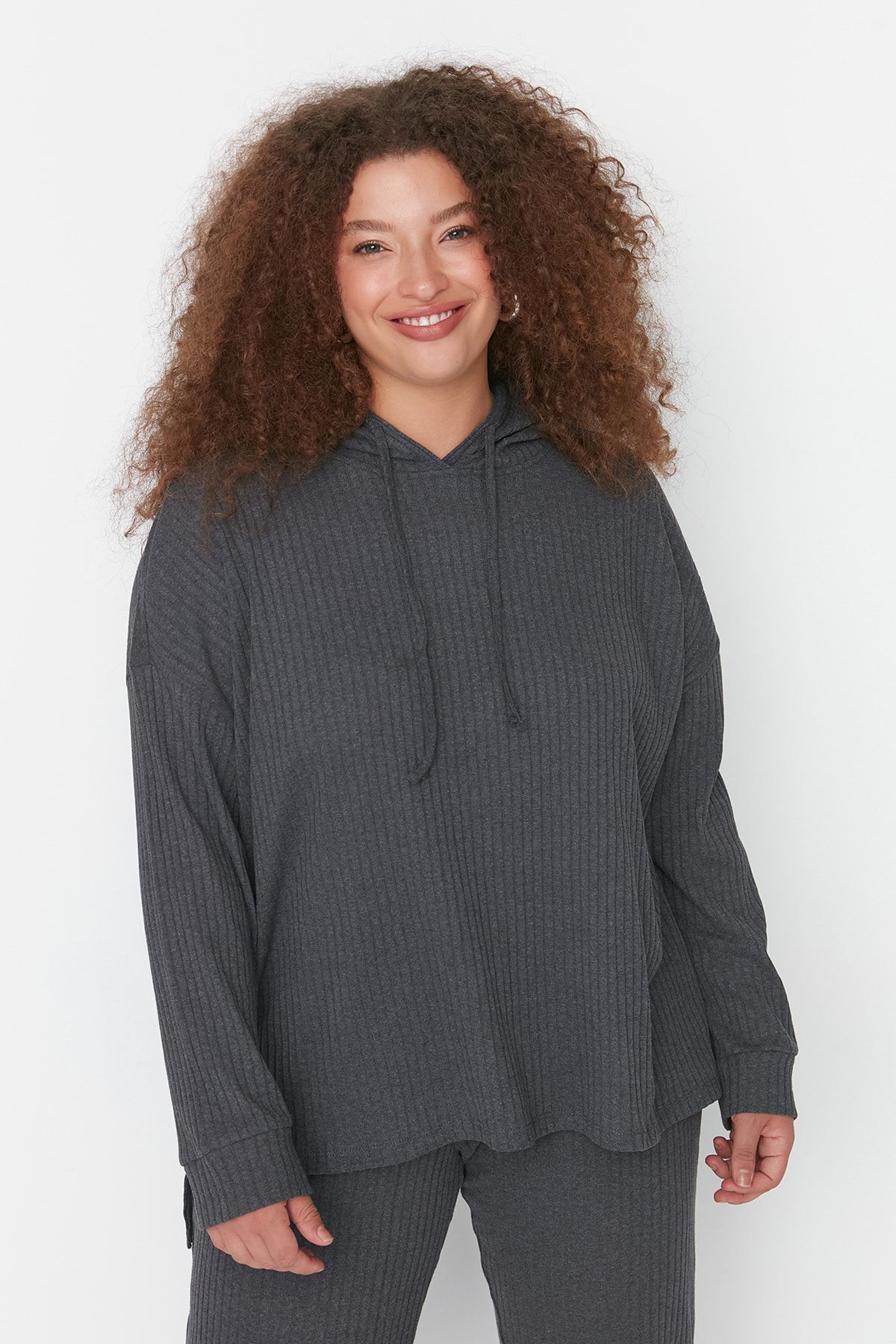 Trendyol Curve-Anthracite Color Hooded Neck Relaxed Fit Knitted Camisole Plus Size Suit - Tbbaw23Cp00016 2