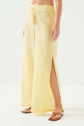 Sarı Bol Paça Yırtmaçlı Beli Lastikli Kadın Pantolon 50-B008