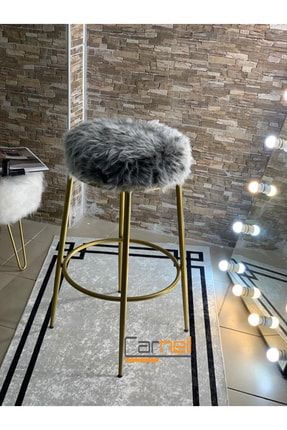 75cm 1 Adet Lotus Peluş Bar Sandalyesi Gold Gövde - Antrasit Gri Peluş Estetik Bar Taburesi PELUŞ-BAR-TABURESİ
