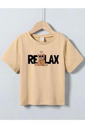 Çocuk Unisex Oversize Bej Just Relax Baskılı T-shirt justrelax-