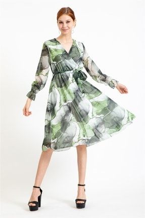 Yeşil Kadın V Yaka Şifon Elbise 1544-00001