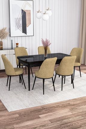 Leona Siyah Mermer Desen 80x132 Mdf Açılabilir Yemek Masası Takımı 6 Adet Sandalye RVNAZRASYH-06