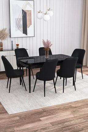 Leona Siyah Mermer Desen 80x132 Mdf Açılabilir Yemek Masası Takımı 6 Adet Sandalye RVNAZRASYH-06
