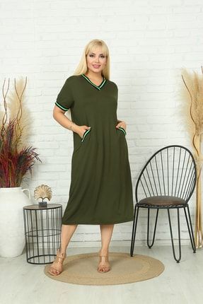 Kadın Büyük Beden Haki Yeşil Likralı Viskon Elbise H4017