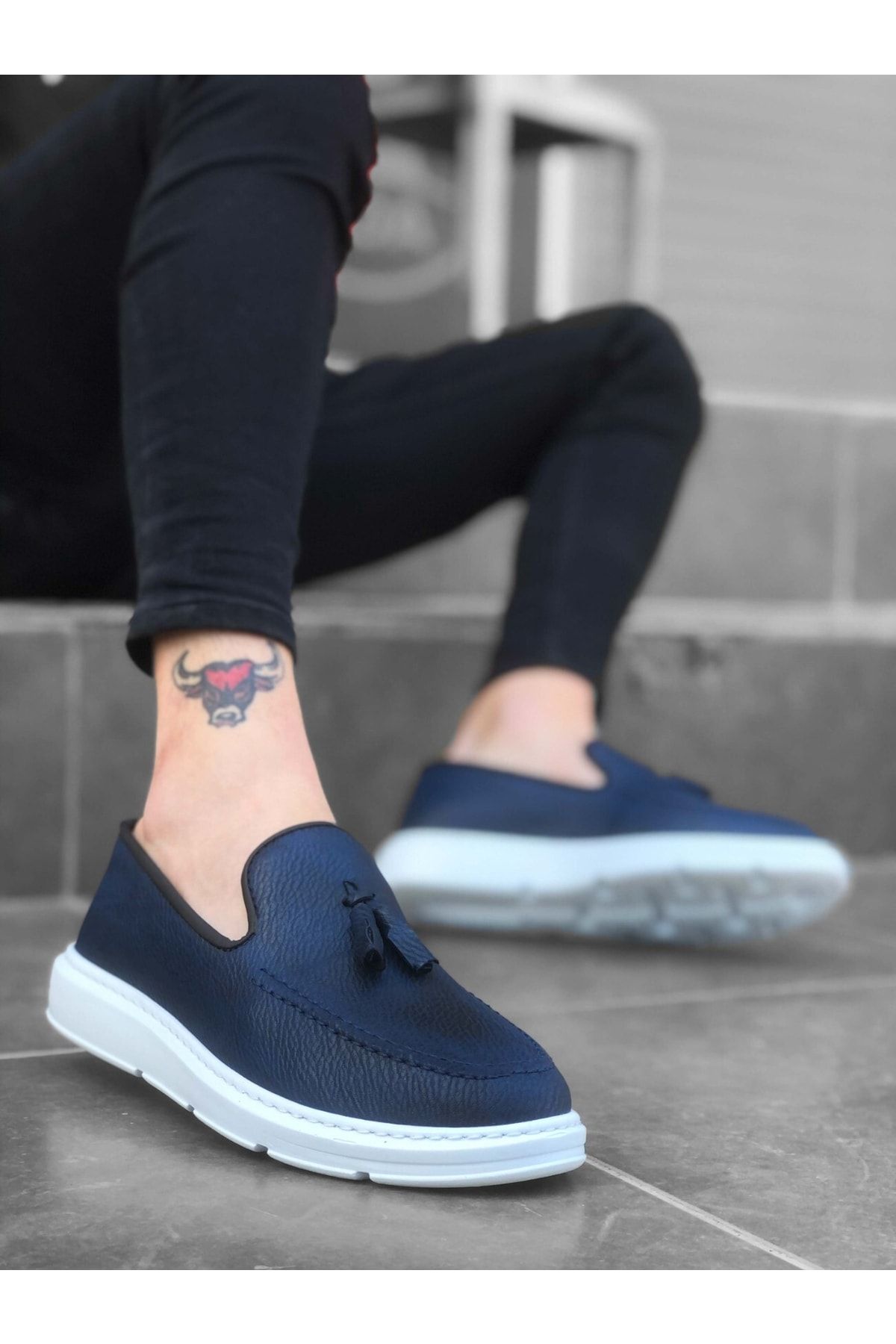 BOA Ba0005 Laceless High Sole Navy Blue White Classic Tasseled