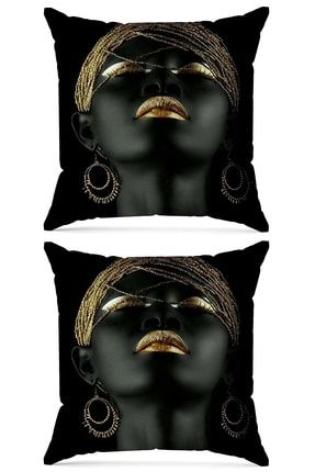 Zenci Kız Baskılı Dijital Dekoratif 2'li Kırlent Kılıfı Siyah Arkalıklı 2SKK14