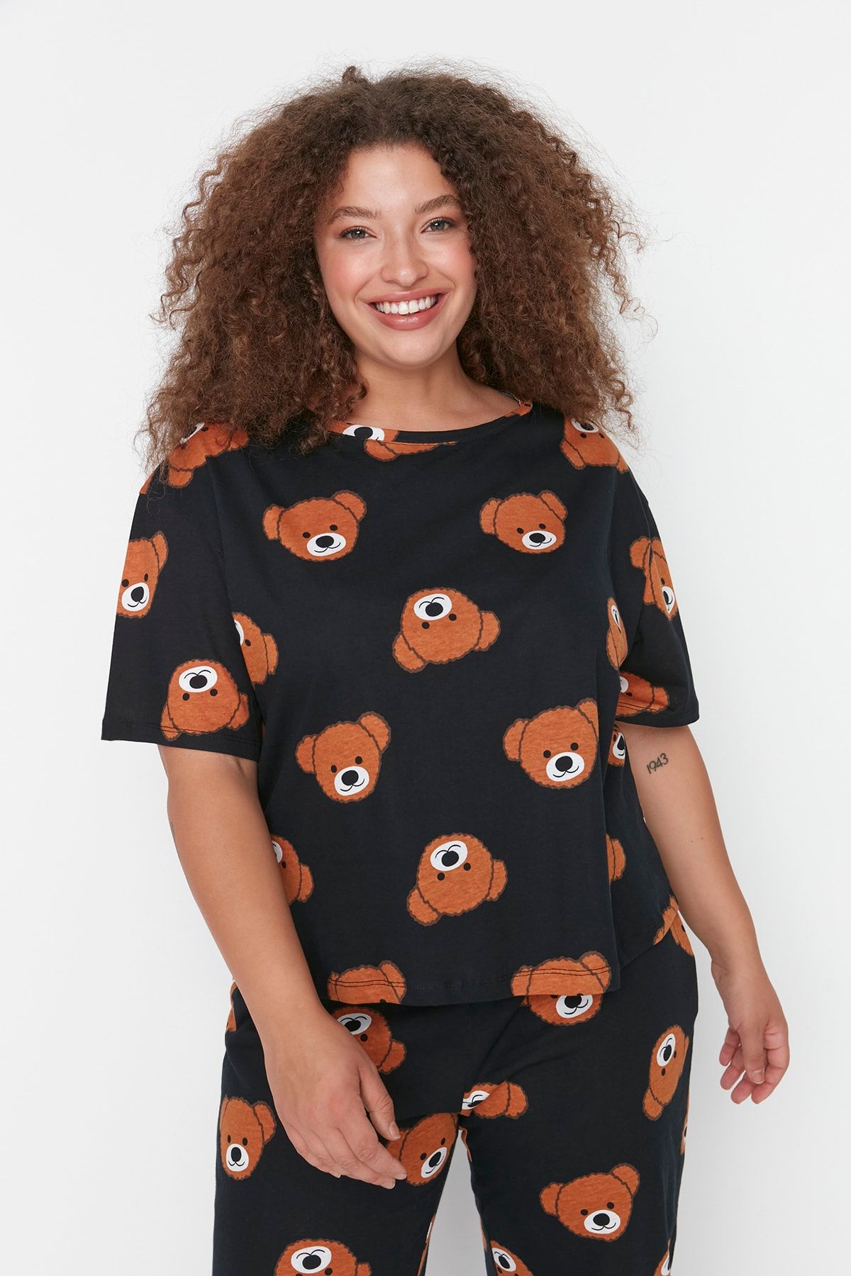Trendyol Curve-Anthracite Teddy Bear Patterned Knitted Pajamas Set TBBAW23AI00039 4