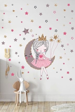 Ayda Oturan Sevimli Kız ve 140 Adet Yıldız Mega Set Çocuk Odası Duvar Sticker Seti. KTS7281553