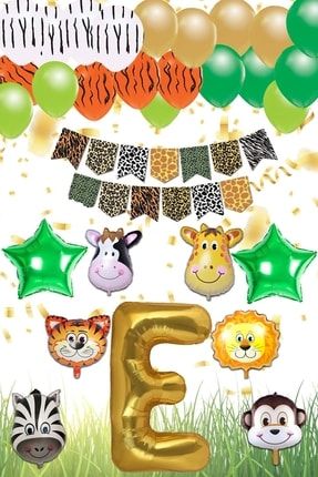 Safari Konsepti E Harfli Doğum Günü Parti Kutlama Seti; Harf Ve Yıldız Folyo, Banner Ve Balon Zincir PG0546D