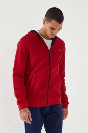 Erkek Kırmızı Klasik Kapüşonlu Fermuarlı Sweatshirt 87877