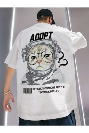 Unisex Oversize Astronot Cat Baskılı Beyaz T-shirt VBS-ASTRONOTCAT