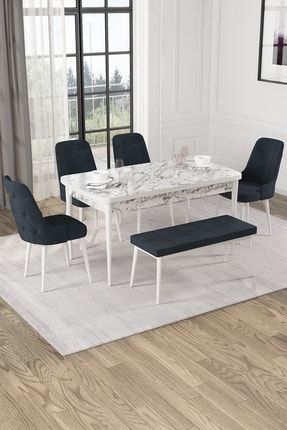 Alya Bench'li Açılabilir Beyaz Mermer Desen Mdf Yemek Masası Takımı 4 Sandalye rvnalyabyzmrbench