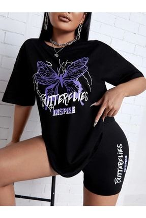 Kadın Siyah Insipre Baskılı Oversize T-shirt insipre-12341