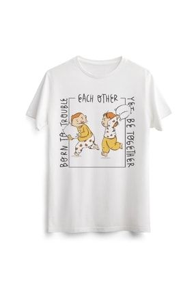 Unisex Erkek Kadın Sevimli Cute Kardeş Arkadaş Baskılı Tasarım Beyaz Tişört Tshirt T-shirt LAC00838