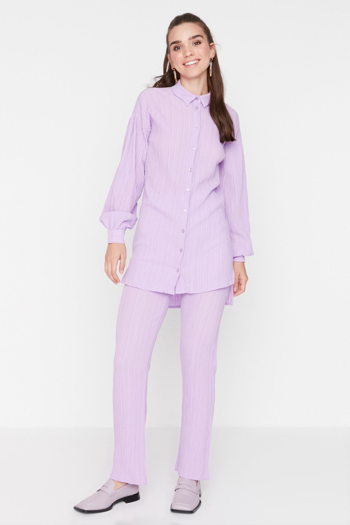 Trendyol Modest Lila Arkası Uzun Geniş Paça Gömlek-Pantolon Dokuma Takım TCTSS22US0030