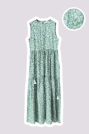 Yeşil Çiçekli Müslin Maxi Kadın Elbise T5052