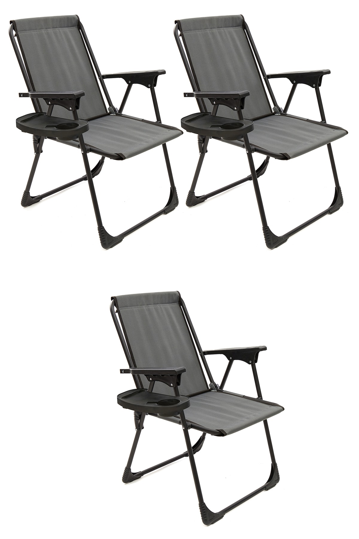 moniev Natura 3 Adet Kamp Sandalyesi Katlanır Piknik Sandalye Oval Bardaklıklı Gri