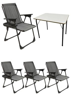 4 Adet Kamp Sandalyesi Katlanır Piknik Sandalye Oval Bardaklıklı Gri Katlanır Mdf Masa mnv_4KPSOBMDF