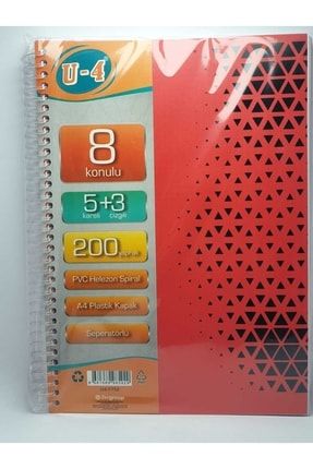 5+3 Bölümlü 200 Yaprak A4 Sipralli Ayraçlı Defter 5 Kareli 3 Çizgili Çoklu Defter 5014