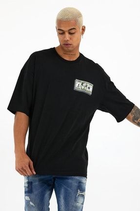 Erkek Siyah Tam Oversize Baskılı %100 Pamuklu T-shirt SLTR10