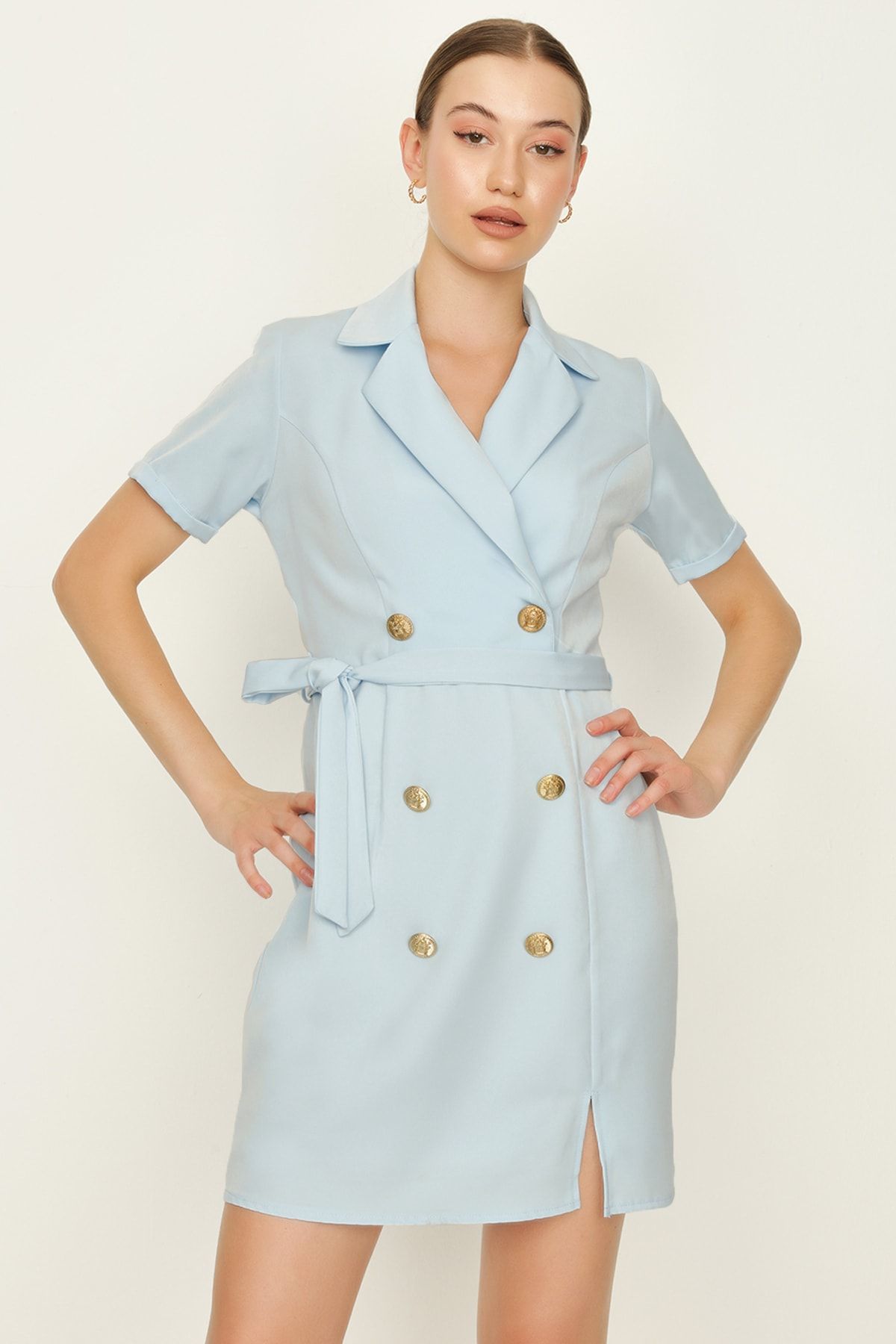 Select Moda-Rochie de damă cu jachetă cu curea cu nasturi albastre 4