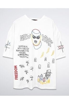 New York Karma Baskılı Beyaz Oversize Unisex Tshirt 816E0832
