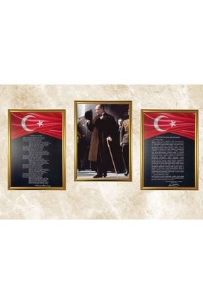 Atatürk Köşesi 3'lü Set Altın Sarı Çerçeve 38x53 Cm ASİL293