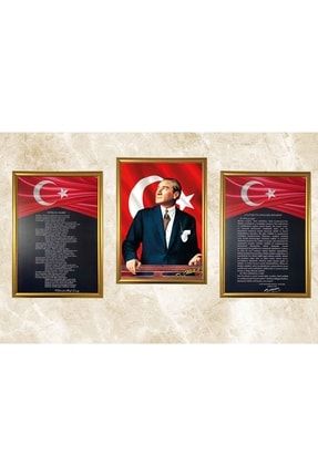 Atatürk Köşesi 3'lü Set Altın Sarı Çerçeve 38x53 Cm ASİL293
