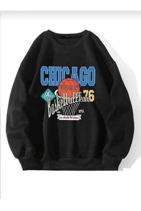 Chicago Basketbol Baskılı Siyah Oversize Unisex Sweatshirt savochicagobasketsweat