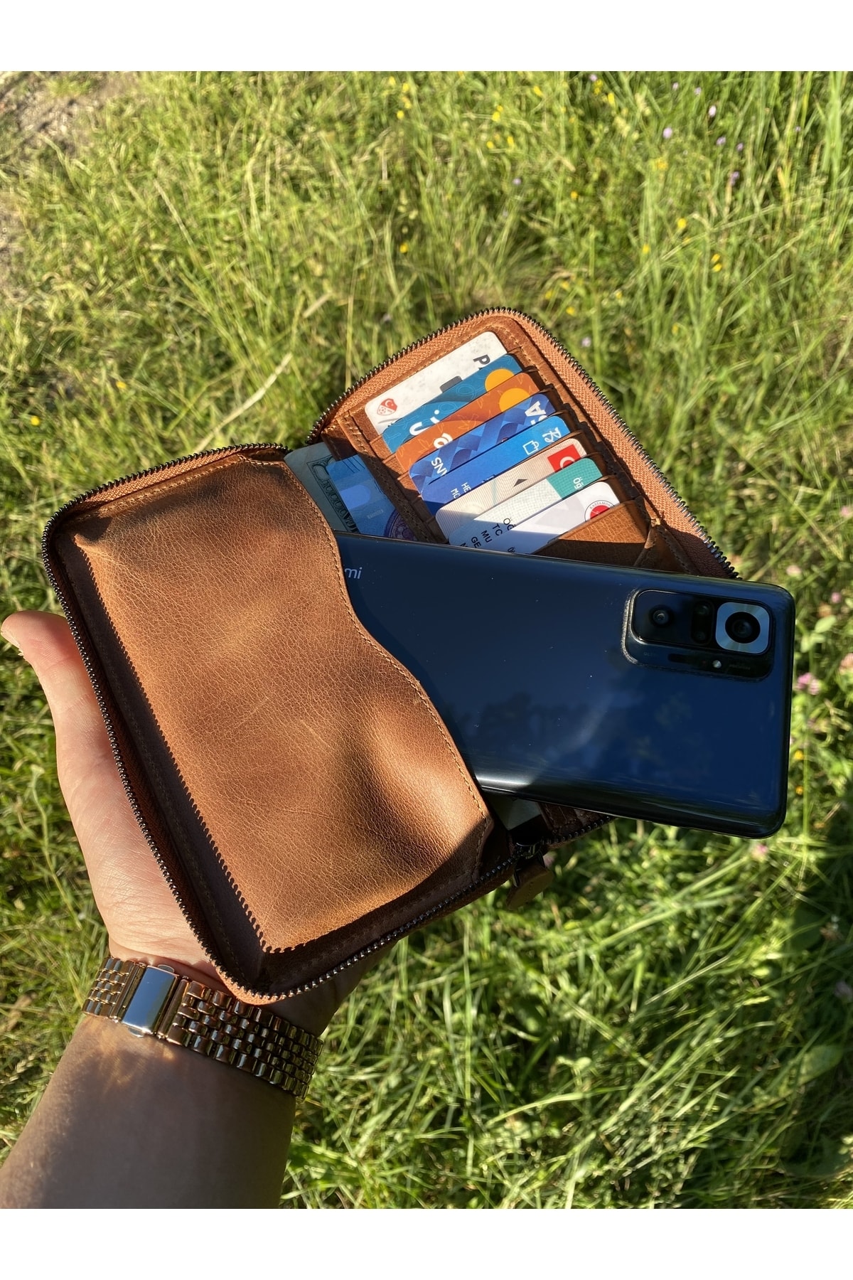 Multi Card Entry Zippered Genuine Leather Portfolio Wallet & Card Holder