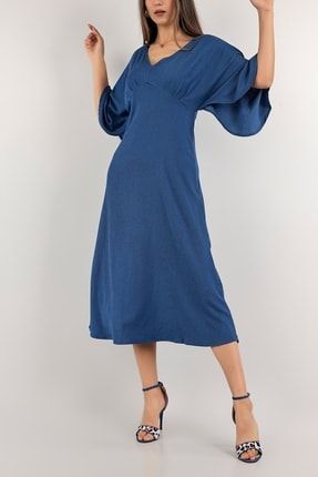 Yeni Trend Indigo Yarasa Kol Krinkıl Elbise 422336