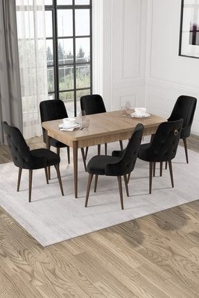 Alya 80x132 Mdf Açılabilir Meşe Desen Mutfak Masası Takımı 6 Siyah Sandalye rvnalyameşe1456